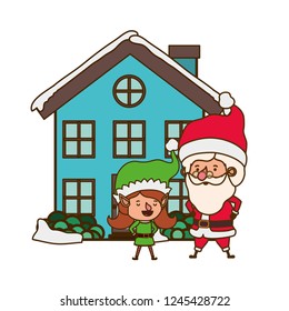 elf woman with santa claus and house