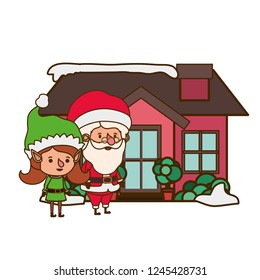 elf woman with santa claus and house