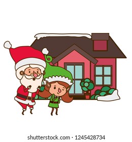 elf woman with santa claus and house