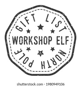 Elf Workshop Santa Claus Stamp Design. Icon Illustration Christmas Seal. Gift List Approved North Pole.