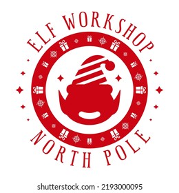 Elf workshop. Xmas stamp design with cute elf. Christmas decorative element for handmade gifts such as letters, gift bags. Vector illustration on white background.