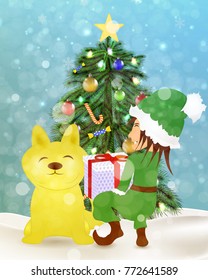 elf and a yellow dog near Christmas tree