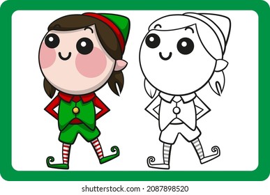 Elf-a kawaii with green and red clothing with red and white striped tights, huge head and small body, cheerful with hands on the waist, with coloring version