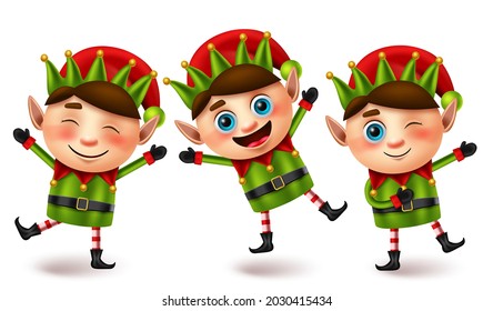 Juego de vectores de personajes de navidad Elfs. Carácter lindo elfo en expresión facial divertida y alegre con pose saltante y gesto para Navidad pequeño diseño de elementos de colección para niños. Ilustración vectorial.  
