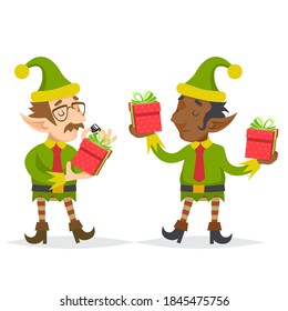 Elfs gift box christmas character quality check process retro design cartoon vector illustration