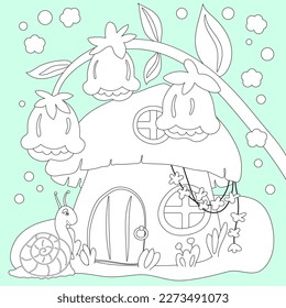 Elf's house coloring page. snail, bluebell, 
mushroom