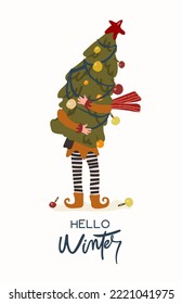 Elf's legs with christmas tree. Funny assistant to Santa Claus. Festive background. Vector illustration. 