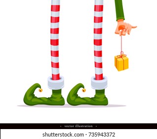 Elf's legs and Elf's hand with a gift. Funny assistant to Santa Claus. Creative Christmas composition. Humorous xmas collection. Festive background. Vector illustration. Isolated on white background