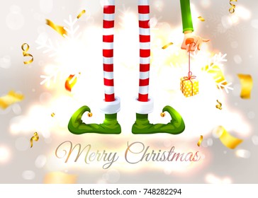 Elf's legs and hand with a gift. Funny assistant to Santa Claus. Festive Blurred White Silver Background. Christmas composition. Xmas collection. New Year vector illustration