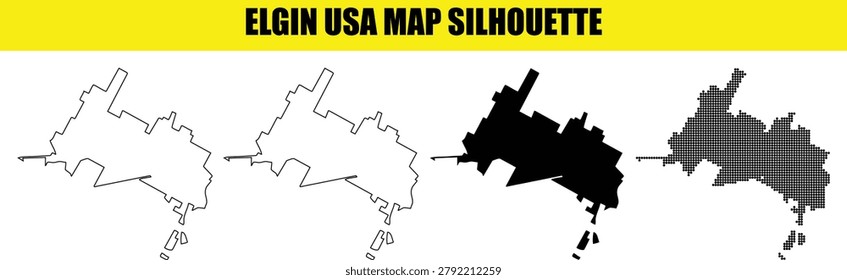 Elgin, usa map silhouette. geographic outline of united states city boundaries vector illustration. state contour line, solid, and halftone shapes included for diverse design needs, perfect for education and graphic projects.