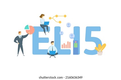 ELI5, Explain Like I'm Five. Concept with keyword, people and icons. Flat vector illustration. Isolated on white.