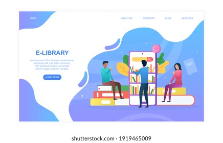 E-library abstract concept. Flat cartoon vector illustration. Website, web page, landing page template