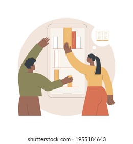 E-library abstract concept vector illustration. Digital learning, online database, content store, web search, ebook reader, internet education, bookshelf on screen, web archive abstract metaphor.