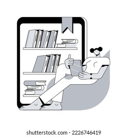 E-library abstract concept vector illustration. Digital learning, online database, content store, web search, ebook reader, internet education, bookshelf on screen, web archive abstract metaphor.