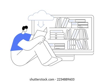 E-library abstract concept vector illustration. Digital learning, online database, content store, web search, ebook reader, internet education, bookshelf on screen, web archive abstract metaphor.