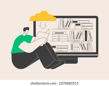 E-library abstract concept vector illustration. Digital learning, online database, content store, web search, ebook reader, internet education, bookshelf on screen, web archive abstract metaphor.