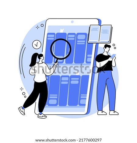 Vector E-library abstract concept vector illustration. Digital learning, online database, content store, web search, ebook reader, internet education, bookshelf on screen, web archive abstract metaphor.