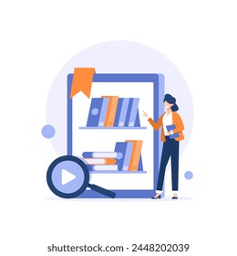 E-library abstract concept,Digital learning, online database, content store, web search, ebook reader