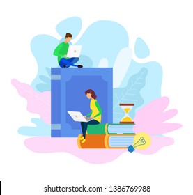 E-Library Archive, E-learning Vector Illustration. University, College Exams Preparation. Freelancers Flat Characters Coworking, Brainstorming. Distance Education, Remote Work. Cartoon Students