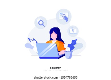 E-Library concept with character. Can use for web banner, infographics, hero images. Flat vector illustration isolated on white background.