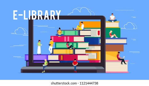 E-library. Concept of electronic library online. Young people sitting on piles of books. Template banner design in a flat style. Vector illustration.