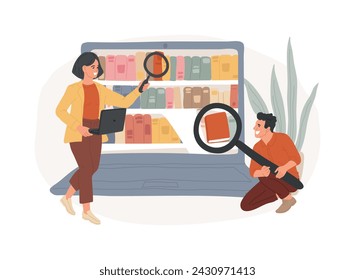 E-library isolated concept vector illustration. Digital learning, online database, content store, web search, ebook reader, internet education, bookshelf on screen, web archive vector concept.
