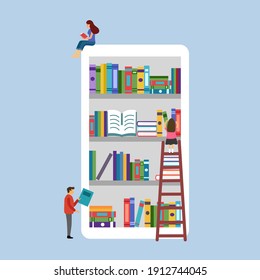 E-library on smartphone. Man and woman reading books via digital library in flat design. E-learning, online education. People love reading campaign.