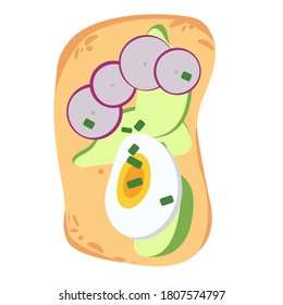 elicious sandwich made of fresh toasted bread with fried egg, slices of avocado. Delicious avocado sandwich with sesame seeds, seasoning and dill. Hand drawn vector illustration.
