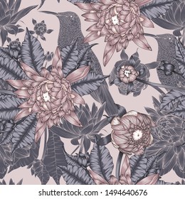 Eligant seamless vector floral pattern with hand drawn chrysanthemum flowers and hummingbirds. great for wedding invitation, greeting cards, wallpapers, gift wrap, textile print, manufacturing
