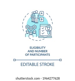 Eligibility and participants number concept icon. Clinical trial protocol idea thin line illustration. Eligible individuals for experiment. Vector isolated outline RGB color drawing. Editable stroke