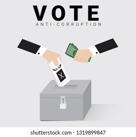 Eligible voter or constituency drop the black ballot in locked ballot box with money from hand of god for general election day. The hand of voter dropped the card into the locked case in corruption