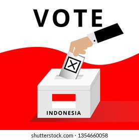 Eligible voter or constituency dropping ballots in the election box with national flag patterns, hand of Indonesian man in black suit drop the card with Ballot cross for vote into the case
