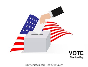 Eligible voter dropping ballots in the election box with the national flag of the USA background