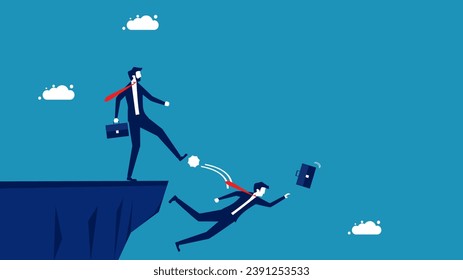 Eliminate professional competitors. Businessman kicks colleague off cliff 