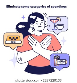 Eliminate some categories of spendings to optimize your expenses. Useful guidance for efficient household budgeting and economy. Family budget expenses management. Flat vector illustration