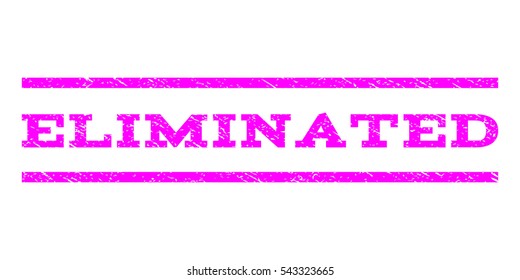 Eliminated watermark stamp. Text caption between horizontal parallel lines with grunge design style. Rubber seal stamp with unclean texture. Vector magenta color ink imprint on a white background.