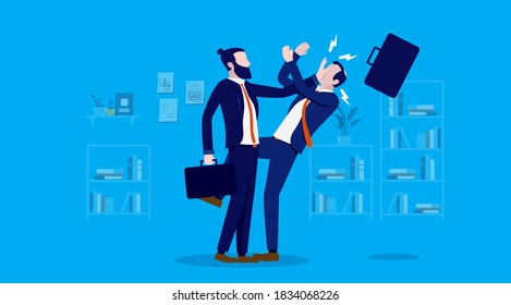 Eliminating business competition - Businessman pushing competitor in the face. rivalry, victory and winning concept. Vector illustration.