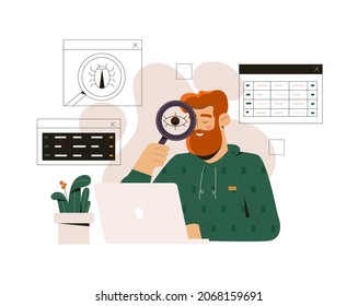 Eliminating viruses in laptop programs concept. Male system administrator with magnifying glass in hands analyzes files, eliminates threats, errors and spam. Cartoon modern flat vector illustration