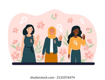 Elimination of violence. Girls wave their hands. Feminism, equality and unity Poster or banner, global issues. Protection of human rights, domestic beatings. Cartoon flat vector illustration