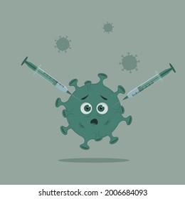 Elimination of the virus by vaccine. Syringe for injection of medical vaccine. treatment. stop the virus. A syringe of vaccine kills the virus. Vector illustration