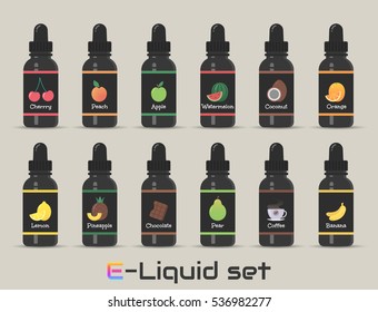E-Liquid set. Bottle Set with Icon Fruit. Vector illustration