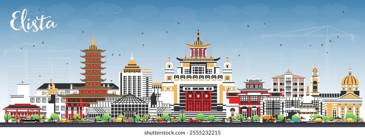 Elista Russia city skyline with color buildings and blue sky. Vector illustration. Elista cityscape with landmarks. Business travel and tourism concept with modern and historic architecture.