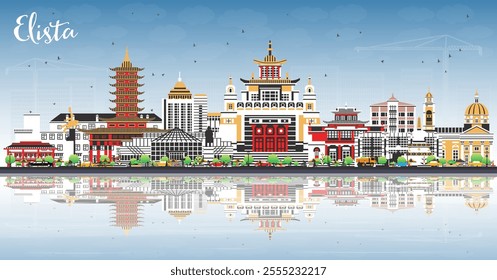 Elista Russia city skyline with color buildings, blue sky and reflections. Vector illustration. Elista cityscape with landmarks. Travel and tourism concept with modern and historic architecture.