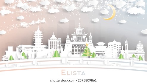 Elista Russia. Winter city skyline in paper cut style with snowflakes, moon and neon garland. Christmas and new year concept. Santa Claus on sleigh. Elista cityscape with landmarks.