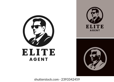 Elite Agent Logo. A close up of a man in sunglasses with a suit and tie. Perfect for corporate and business-related designs, portraying professionalism and confidence