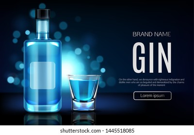 Elite alcohol drinks online shop realistic vector web banner, landing page template. Gin glass bottle with blank label, filled shooter illustration on blurred background with bokeh and blue backlight