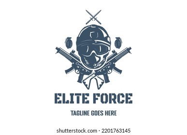 Elite Army Force Navy Soldier With Sub Machine Gun Grenade And Dagger For Military Badge Emblem Label Logo Design Vector