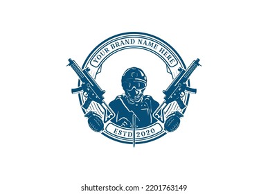 Elite Army Force Navy Soldier With Sub Machine Gun And Grenade For Military Badge Emblem Label Logo Design Vector