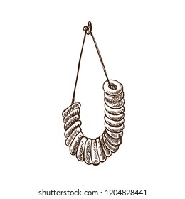 Elite bread, dessert, bakery products. Fresh tasty ligament of bagels and dried hanging on a rope. Bakery showcase. Vector illustration isolated on white background, in style of engraving.