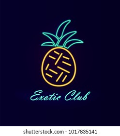 Elite club neon signboard, poster with image of pineapple with green leaves, nightlife with wealth and dances, vector illustration isolated on blue